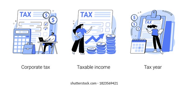 Tax preparation abstract concept vector illustration set. Corporate tax, taxable income, fiscal year, document preparation, payment planning, corporate accountancy, annual return abstract metaphor.