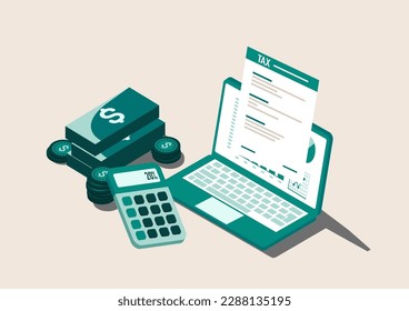 Ilustración abstracta del vector de concepto de preparación de impuestos. El impuesto de sociedades, la renta imponible, el ejercicio fiscal, la preparación de documentos, la planificación de pagos, la contabilidad empresarial y la metáfora abstracta de rendimiento anual