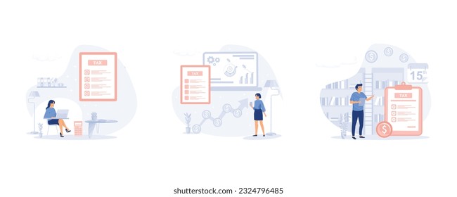 Resumen de preparación de impuestos. planificación de pagos de preparación de documentos, conjunto de ilustración vectorial plana moderna