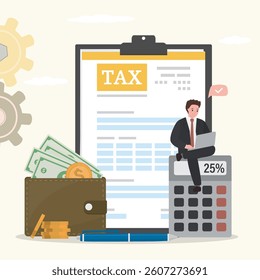 Tax preparation. Businessman uses laptop. The corporate tax, taxable income, fiscal year, document preparation, payment planning, corporate accountancy, and annual return. flat vector illustration