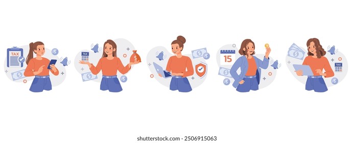 Tax preparation concept with a woman character is taxpayer and doing tax and financial process. Illustration in flat style.