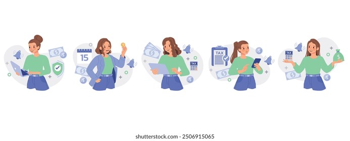 Tax preparation concept with a woman character is taxpayer and doing tax and financial process. Illustration in flat style.