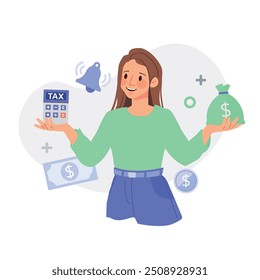 Tax preparation concept with a woman character is taxpayer and doing tax and financial process. Illustration in flat style