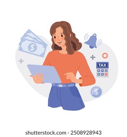 Tax preparation concept with a woman character is taxpayer and doing tax and financial process. Illustration in flat style