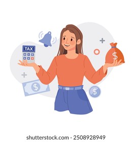 O conceito de preparação de impostos com um caráter feminino é contribuinte e faz o processo fiscal e financeiro. Ilustração em estilo plano