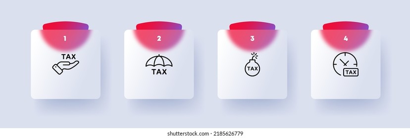 Tax protection set icon. Hand, umbrella, bomp, time to pay, no hidden fees, transparent, income, spendings. Financial management concept. Glassmorphism. Vector line icon for Business and Advertising.