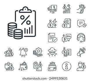 Tax rate report sign. Cash money, loan and mortgage outline icons. Tax document line icon. Payroll file symbol. Tax document line sign. Credit card, crypto wallet icon. Inflation, job salary. Vector