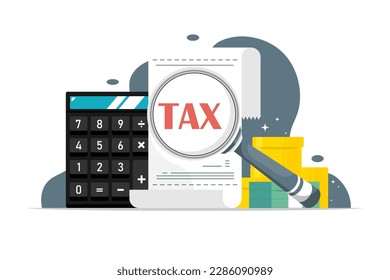 Tax receipt concept, Bill with magnifying glass, calculator, money on isolated background, Digital marketing illustration.