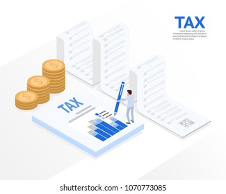tax receipt and document concept. isometric accountant workspace elements money coins and financial. vector illustration