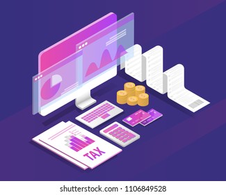 tax receipt and document concept. isometric accountant workspace elements money coins and financial. vector illustration