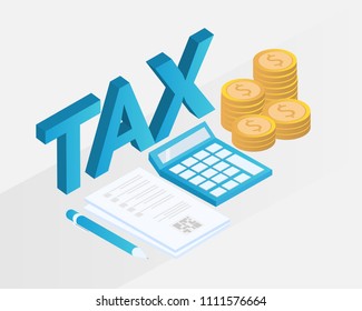 tax receipt and document concept. isometric accountant workspace elements money coins and financial. vector illustration