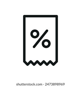 Tax receipt icon isolated icon, paper receipt with percent vector symbol with editable stroke