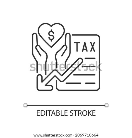 Tax reduction for charity linear icon. Taxation deduction when funding for charity. Thin line customizable illustration. Contour symbol. Vector isolated outline drawing. Editable stroke