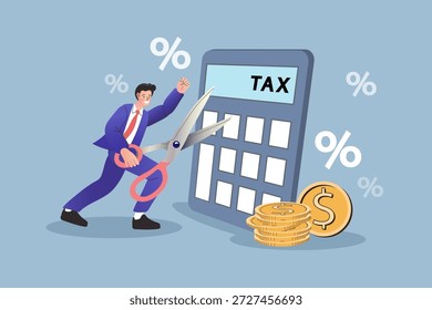 Tax reduction and financial optimization concept featuring a businessman cutting costs on a calculator. Modern flat vector illustration for accounting, tax savings, and business economy.