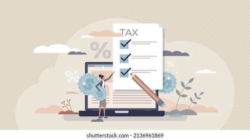 Tax refund and annual VAT declaration with money payback tiny person concept. Government taxation document form fill up to get financial payment from budget vector illustration. Percentage calculation