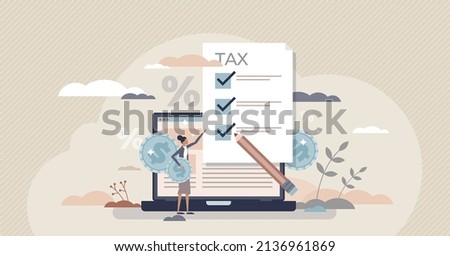 Tax refund and annual VAT declaration with money payback tiny person concept. Government taxation document form fill up to get financial payment from budget vector illustration. Percentage calculation