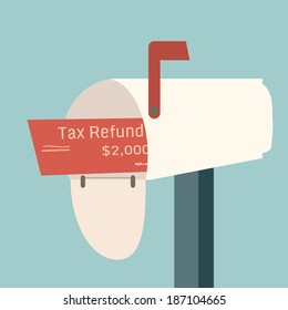 Tax refund check with the words Your Money arrives in your mailbox as payment.