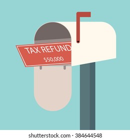 Tax refund cheque in mailbox. Refunded check. Money spending. Flat design for business financial marketing commercial banking web advertisement in minimal concept cartoon illustration.