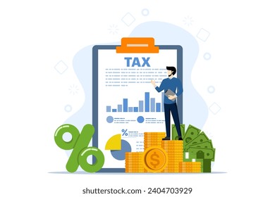 tax refund concept, businessman cuts big taxes, tax reduction, optimization, tasks, financial accounting. Flat vector illustration on white background.