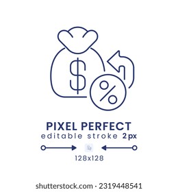Tax Refund linear desktop icon. Money back. Cashback program. Returned income. Pixel perfect 128x128, outline 2px. GUI, UX design. Isolated user interface element for website. Editable stroke