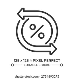 Tax refund pixel perfect line icon. Financial processes, value change. Percentage sign. Mortgage refinancing. Isolated vector illustration. Outline symbol. Simple linear drawing. Editable stroke