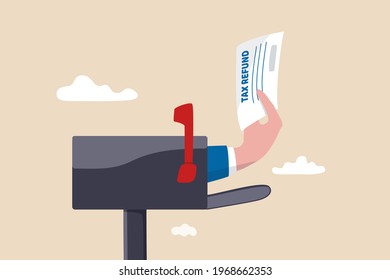 Tax refund or rebate credit concept, businessman hand came from postbox offer or giving letter with tax refund check to return money to tax payer.