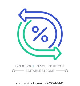 Tax refund two color line icon. Financial processes, value change. Percentage sign. Mortgage refinancing bicolor outline symbol. Duotone linear pictogram. Isolated illustration. Editable stroke