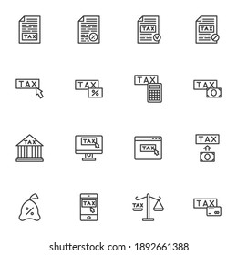Tax related line icons set, outline vector symbol collection, linear style pictogram pack. Signs, logo illustration. Set includes icons as online tax management, financial accounting, banking document