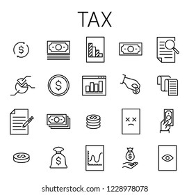 Tax related vector icon set. Well-crafted sign in thin line style with editable stroke. Vector symbols isolated on a white background. Simple pictograms.