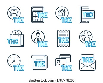 Tax related vector line icon set. Taxation outline icons. Taxing icon collection.