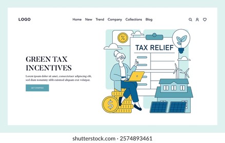 Tax relief concept. A businesswoman calculates eco-friendly tax incentives, promoting sustainable energy and financial savings. Vector illustration.