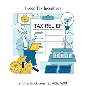 Tax relief concept for eco-friendly initiatives featuring a person with laptop, house with solar panels, and wind turbines. Encourages sustainable living benefits. Vector illustration.