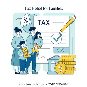 Tax relief concept. A family with children stands next to a giant tax form showing deductions and savings. Financial support illustration. Vector illustration.