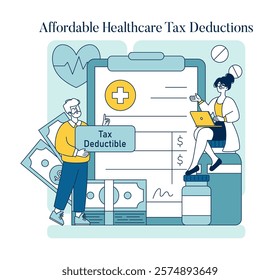 Tax relief concept. Illustration featuring individuals exploring affordable healthcare tax deductions with medical symbols. Vector illustration.