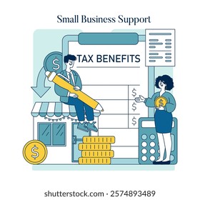 Tax Relief concept. Illustration of financial aid for entrepreneurs through tax benefits, enhancing small business stability. Vector illustration.