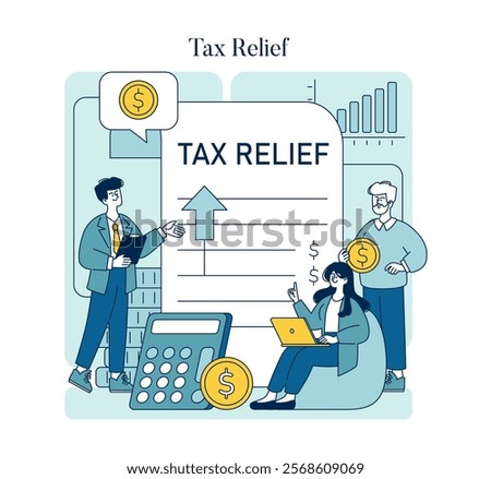 Tax Relief concept. Professionals navigate tax deductions for financial savings. Calculator and currency denote fiscal efficiency. Vector illustration.