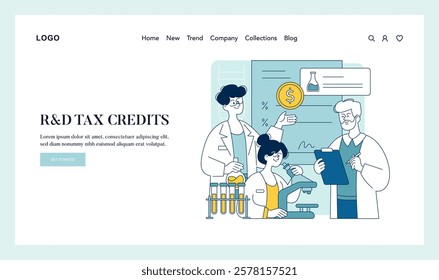 Tax Relief concept. Scientists exploring financial incentives for innovation showing RD tax credits. Research funding support. Vector illustration.