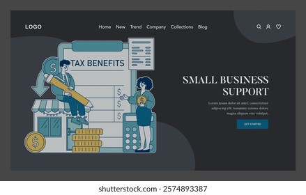 Tax relief illustration. Financial aid concept for entrepreneurs. Small business owner receiving tax benefits, monetary support, economic growth. Vector illustration.