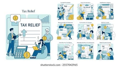 Tax Relief set. Illustrating diverse tax deductions and credits for individuals, families, and businesses. Tax policy benefits and financial savings concepts. Vector illustration.