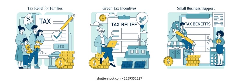 Tax relief set illustrating strategies for families, green tax incentives, and small business support, featuring people and finance icons. Vector illustration.