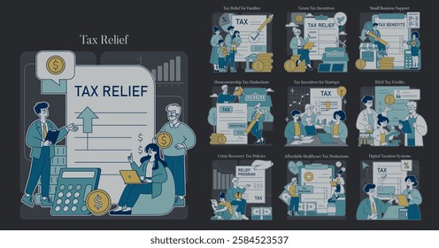 Tax relief set. Various tax benefits and deductions illustrated through family, small business, homeownership, and healthcare scenarios. Vector illustration.