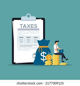 Tax Report Concept, Businessman Filling Tax Form Documents Online, Tax Day Vector Illustration