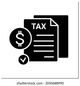 Tax report glyph icon. Profit or income annual declaration with dollar sign. Taxation, financial audit, personal taxes review and accounting.Filled flat sign. Isolated silhouette vector illustration