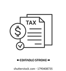 Tax Report Icon. Profit Or Income Annual Declaration Linear Pictogram With Dollar Sign. Concept Of Taxation, Financial Audit, Personal Taxes Review And Accounting. Editable Stroke Vector Illustration