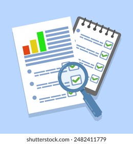 Tax research Audit concept or list of paper pages through magnifying glass flat cartoon, tax payment. Analysis of data, documents, financial research reports and calculations. Debt payments.