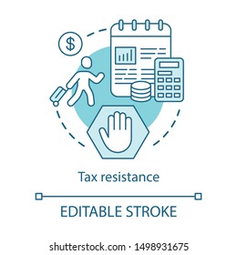 Tax resistance concept icon. Civil protest, government manifestation idea thin line illustration. Taxpayer with suitcase, notepad and calculator vector isolated outline drawing. Editable stroke