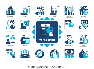 Tax Resistance icon set. Budget, Opposition, Avoidance, Withholding Tax, Taxation, Money, Economy, Law. Duotone color solid icons