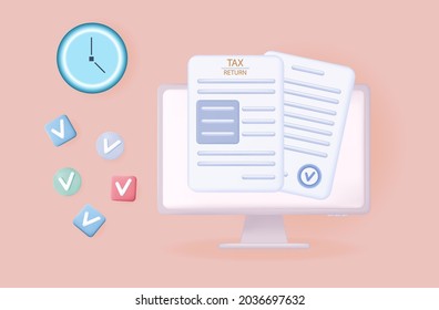 Tax return 3d. Electronic information on income, profits. Time of registration of business documents. Approved online financial form with a deadline. Official taxpayer declaration. Vector illustration