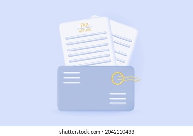 Tax Return 3d In An Envelope. Accepted Tax Document, With An Email Message. Submission Of An Electronic Declaration On Time Online. Financial Statements Of Receipts Of Income And Cash Flows. Vector