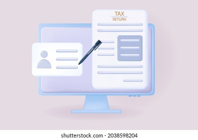 Tax return 3d.  Filling out an electronic document online. Financial statement of income of the business. Profit in an electronic tax report. Making a digital statement on a laptop screen. Vector 